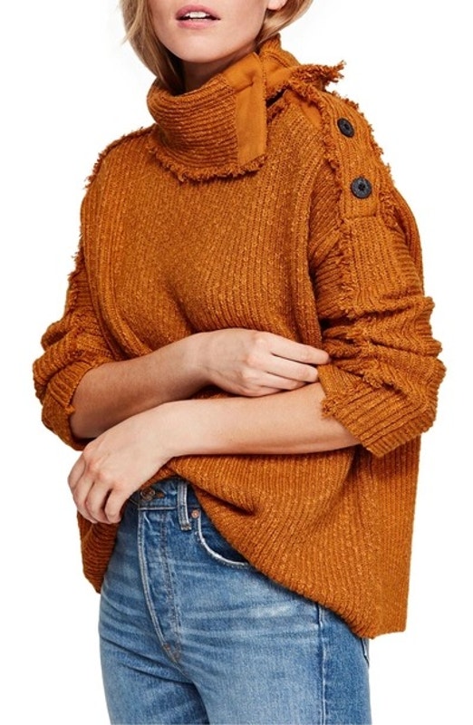 Free People | Nwt Golden Yellow On My Side Button Turtleneck Chunky Knit Sweater